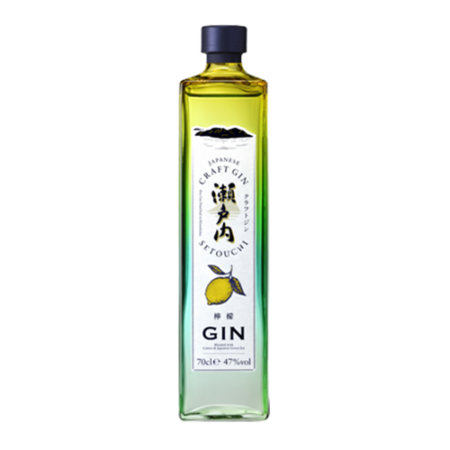 Bouteille très belle d'un gin japonais, nommé le Setouchi Lemon Gin, produit par Miyake