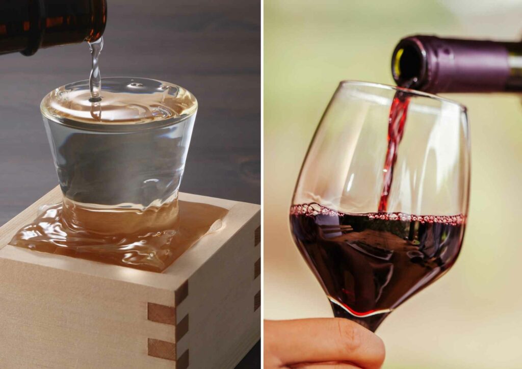 verre à vin servi de vin rouge et verre à saké servi de saké