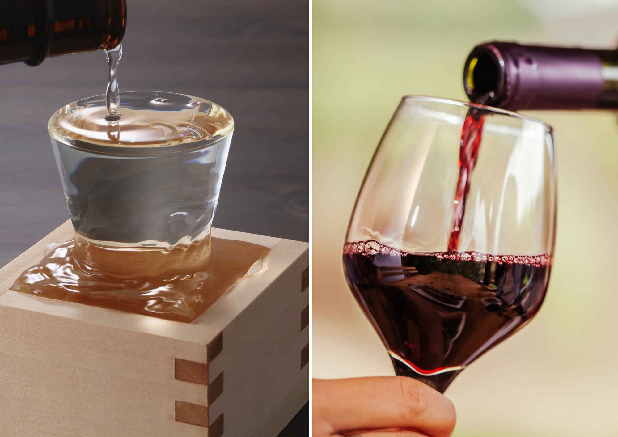 verre à vin servi de vin rouge et verre à saké servi de saké